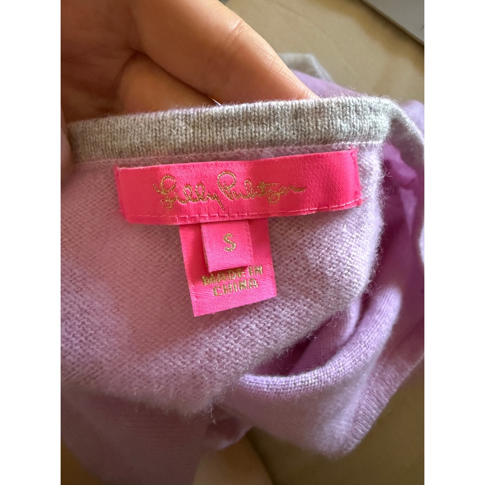 Lilly Pulitzer Rica Pink Grey Cashmere Colorblock Fringe Hem Sweater Small Lilac - Picture 7 of 8